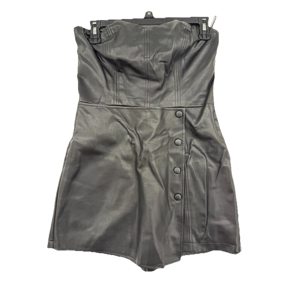 ZARA Faux Leather Strapless Playsuit Romper in Black Size Medium